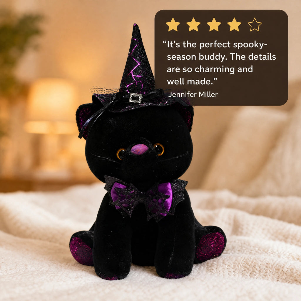 Halloween Cat Plush with Witch Hat and Bow Decoration - Image témoignage