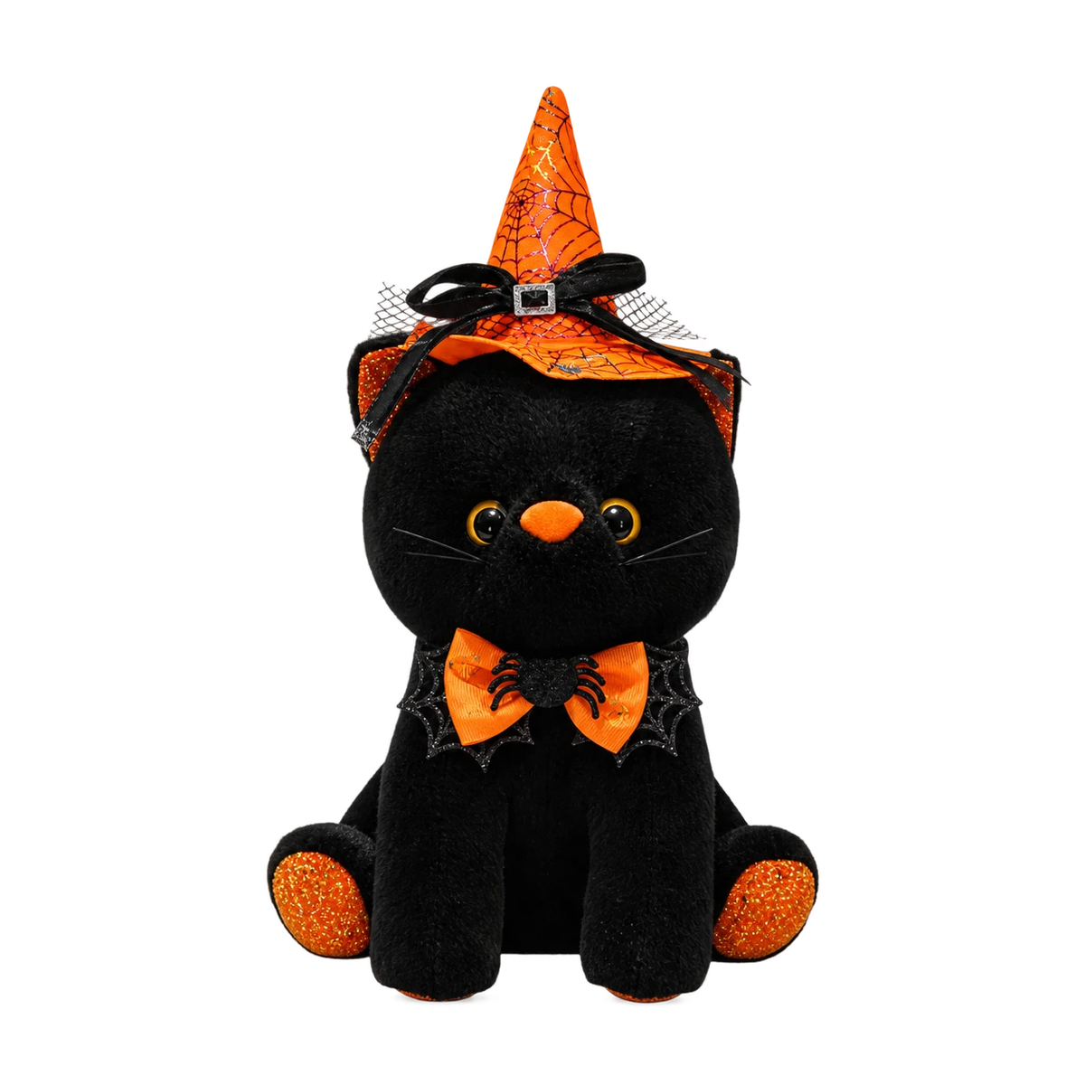 Halloween Cat Plush with Witch Hat and Bow Decoration - Orange