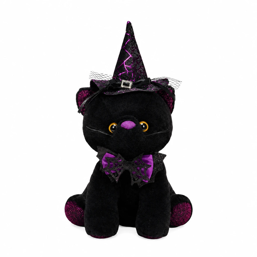 Halloween Cat Plush with Witch Hat and Bow Decoration - Purple