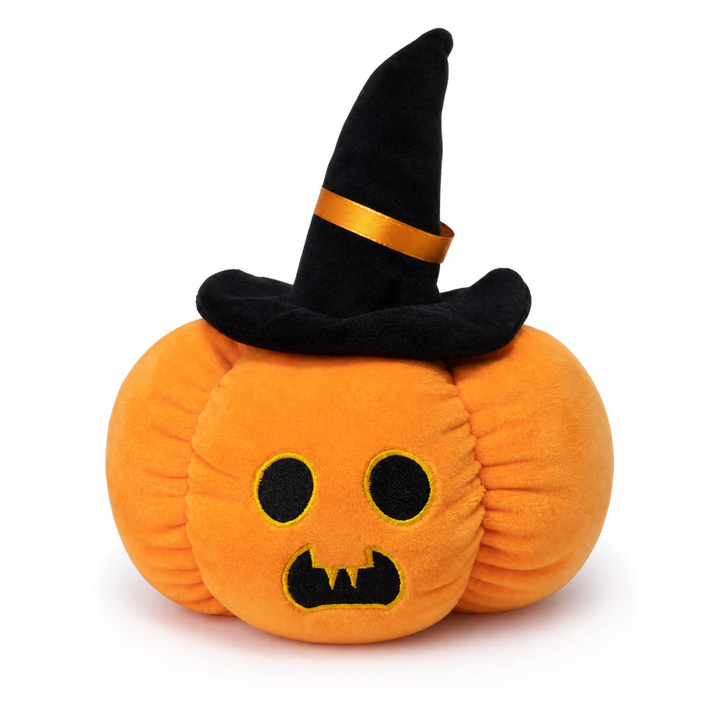 Halloween Pumpkin Plush with Black Witch Hat and Jack Face - Fond blanc