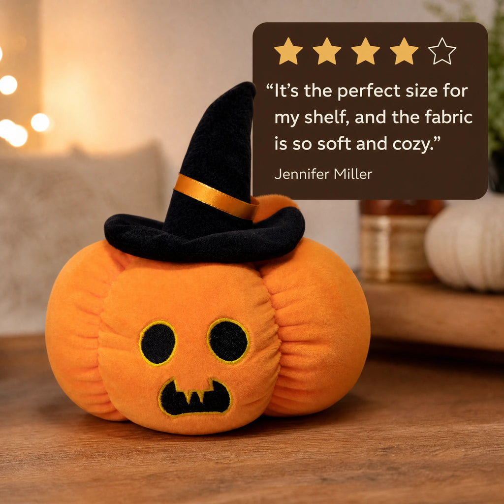 Halloween Pumpkin Plush with Black Witch Hat and Jack Face - Image témoignage
