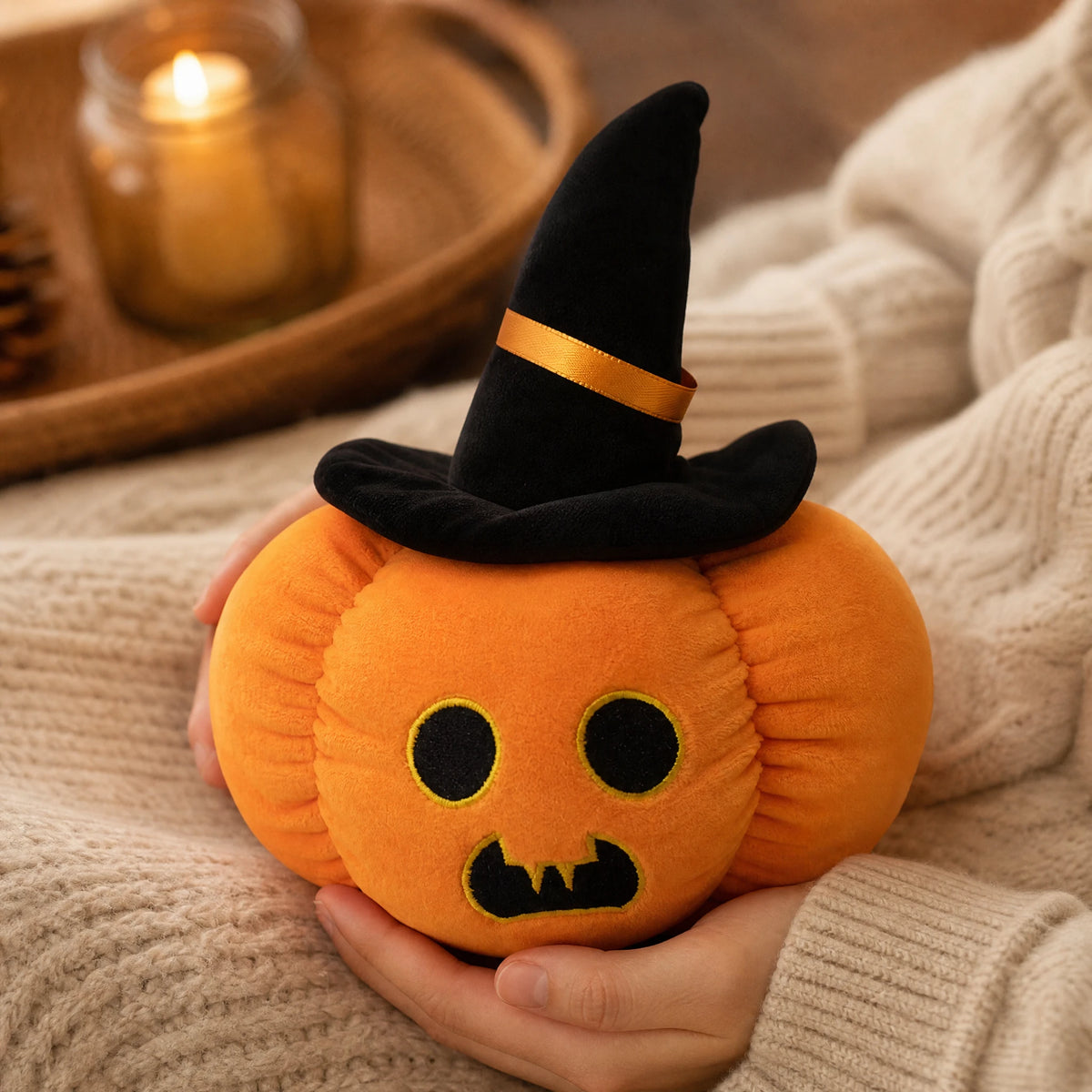 Halloween Pumpkin Plush with Black Witch Hat and Jack Face - Utilisation du produit