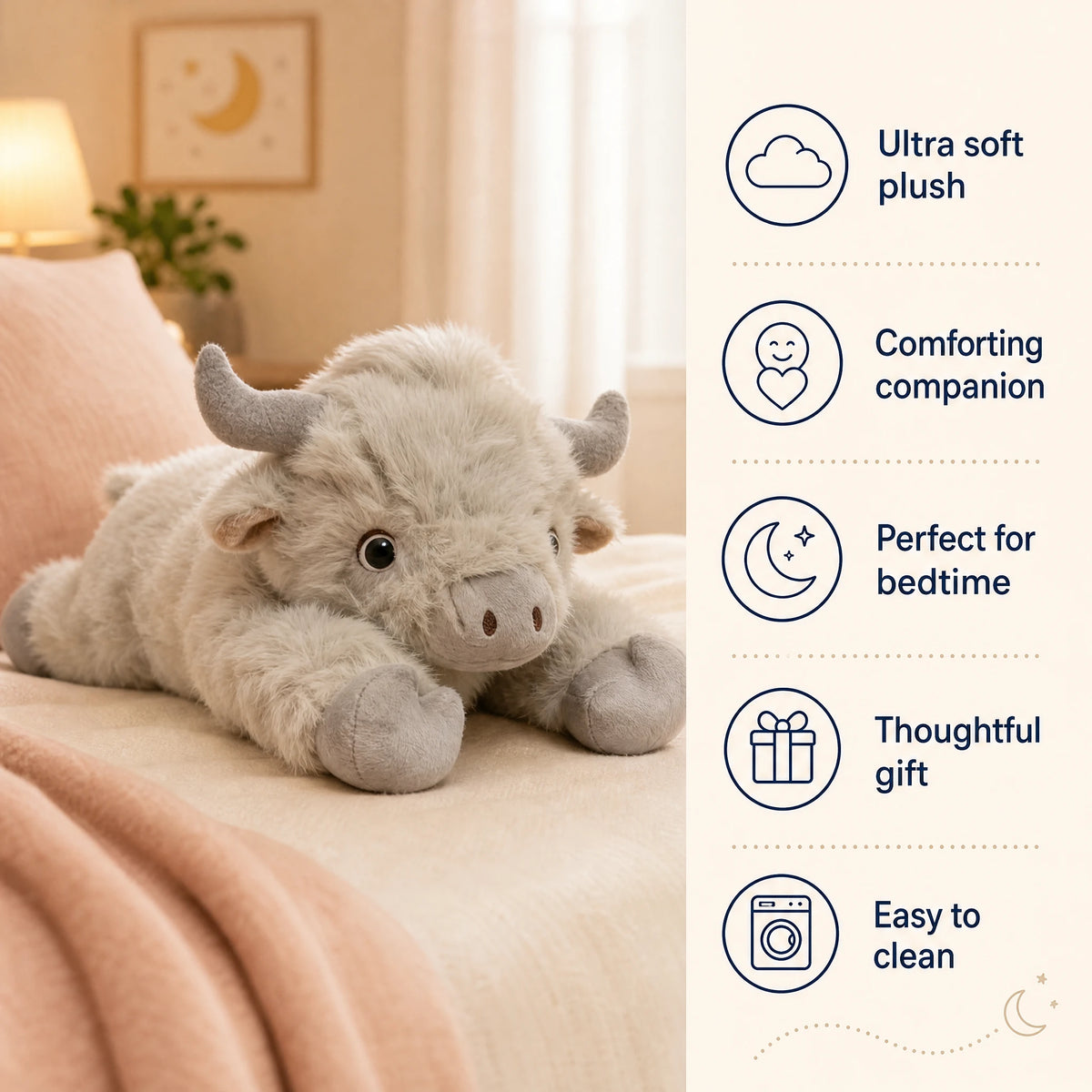 Highland Cow Plush with Fluffy Fur and Soft Body 40cm - Bénéfices produit