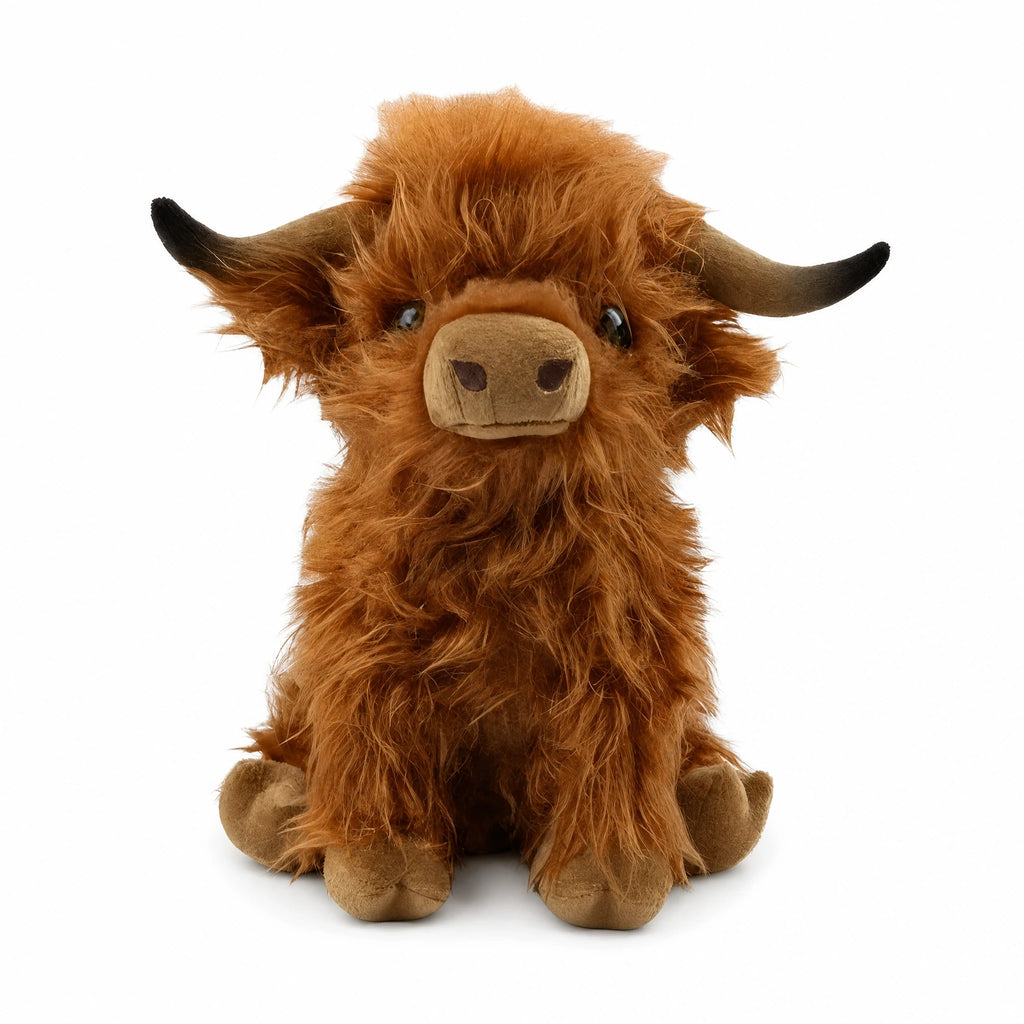 Highland Cow Plush with Long Shaggy Fur - Fond blanc