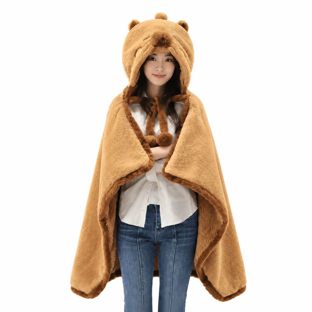 Hooded Blanket Cape with Capybara Design and Plush - 31.5x47in / 80x120cm · 47x63in / 120x160cm