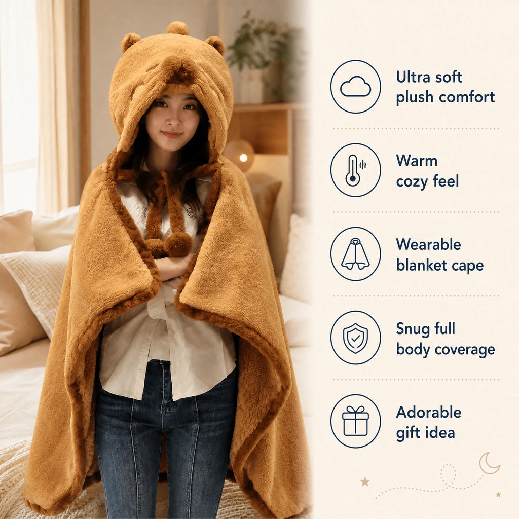 Hooded Blanket Cape with Capybara Design and Plush - Bénéfices produit