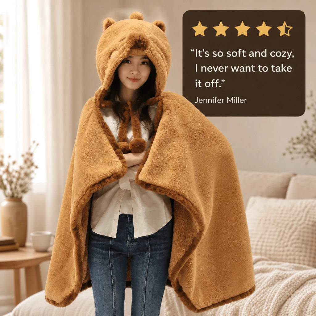 Hooded Blanket Cape with Capybara Design and Plush - Image témoignage