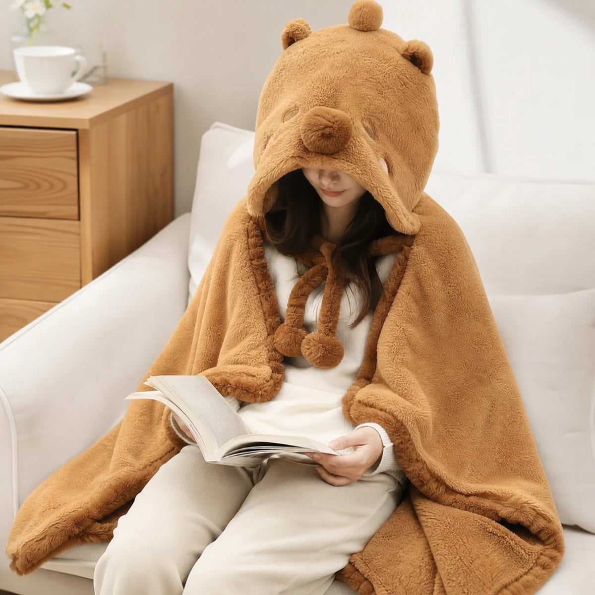 Hooded Blanket Cape with Capybara Design and Plush - Utilisation du produit