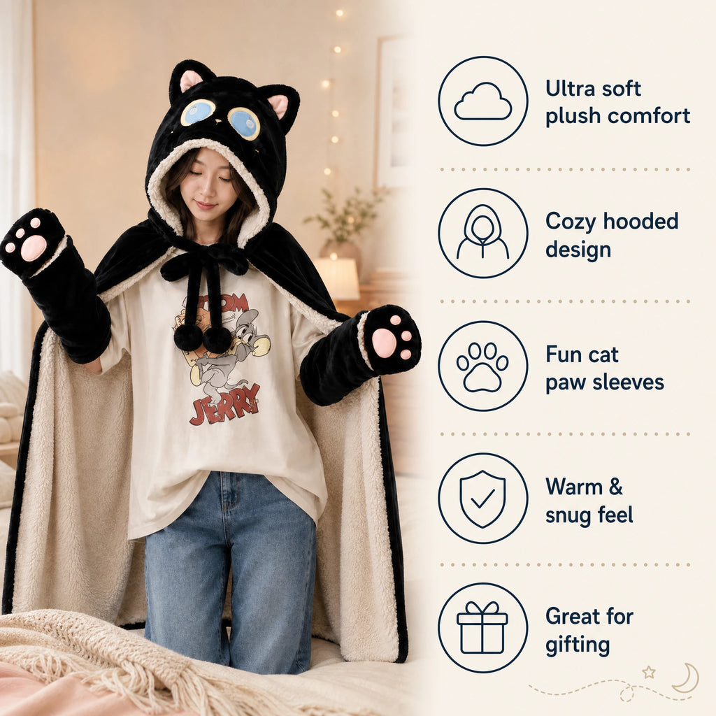 Hooded Blanket Cat with Paw Mittens, Black Plush - Bénéfices produit