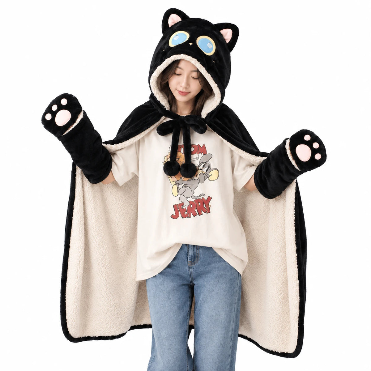 Hooded Blanket Cat with Paw Mittens, Black Plush - Cat / 47x43.5in / 120x110cm … (2 tailles)