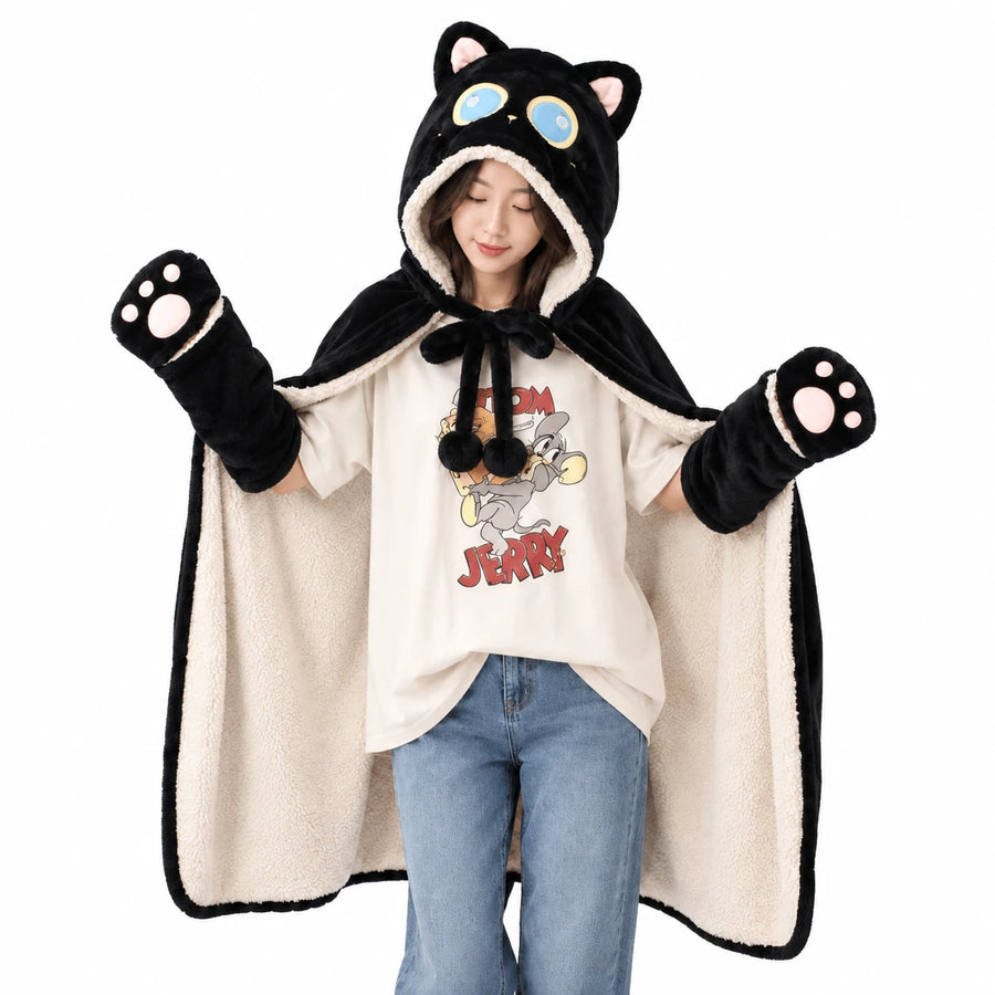 Hooded Blanket Cat with Paw Mittens, Black Plush - Cat / 47x43.5in / 120x110cm … (2 tailles)