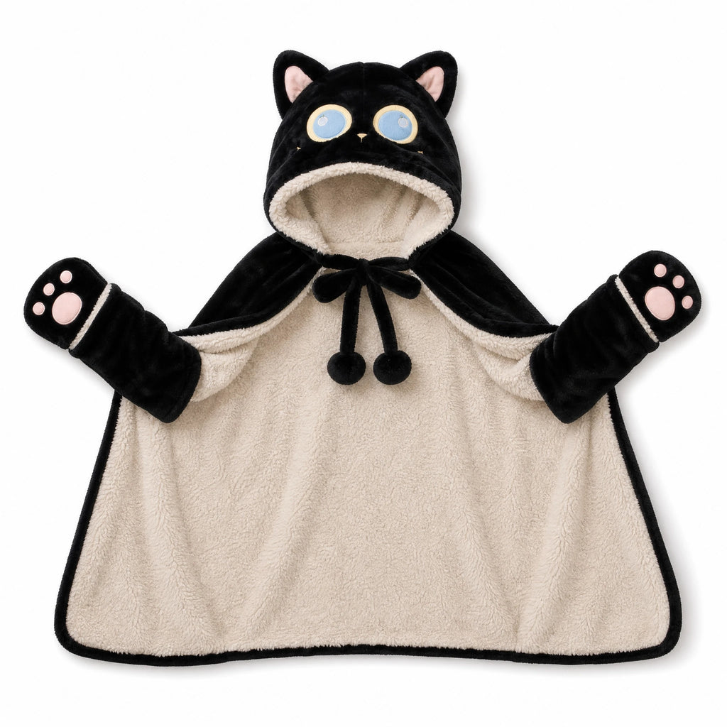 Hooded Blanket Cat with Paw Mittens, Black Plush - Fond blanc