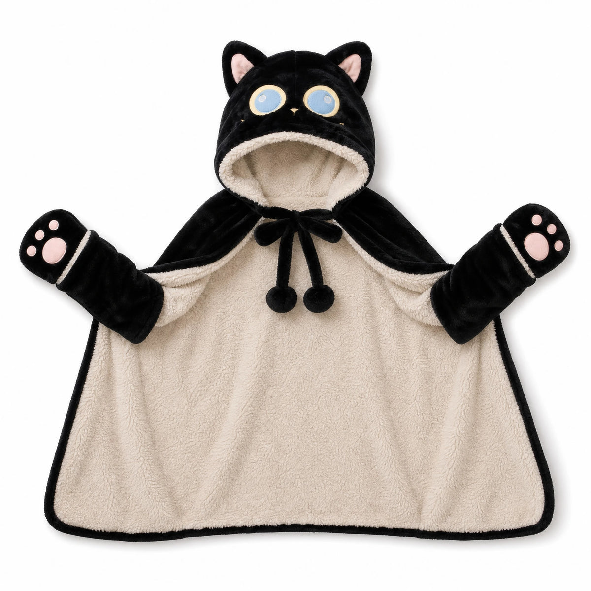 Hooded Blanket Cat with Paw Mittens, Black Plush - Fond blanc