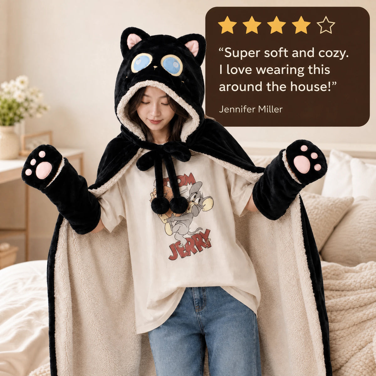 Hooded Blanket Cat with Paw Mittens, Black Plush - Image témoignage