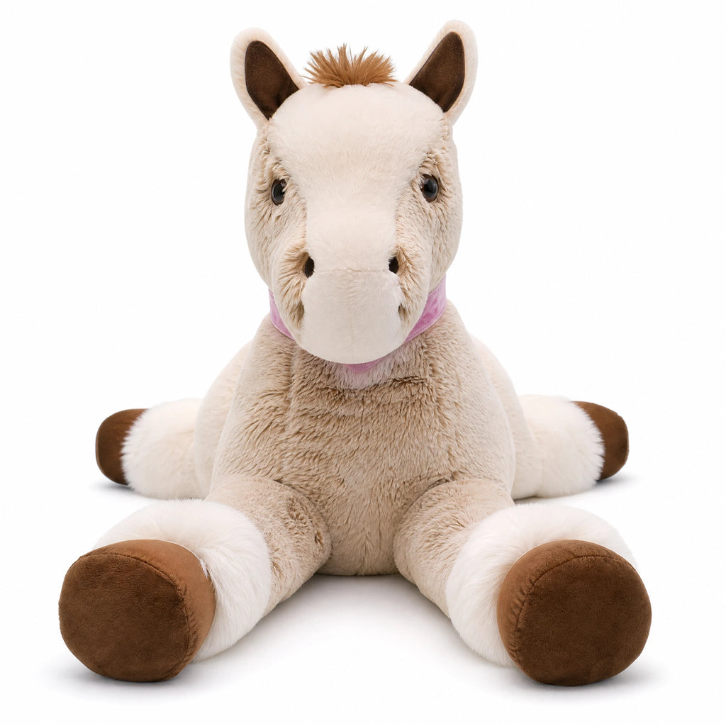 Horse Plush Sitting Beige with Pink Scarf Detail - Fond blanc