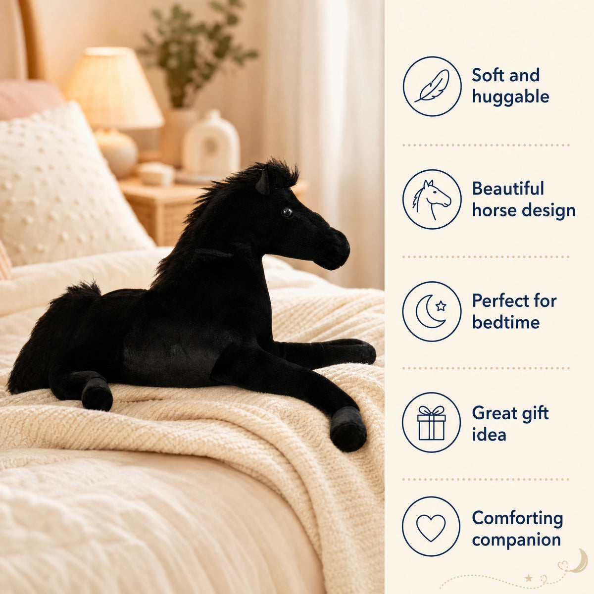 Horse Plush with Black Coat and Flowing Mane - Bénéfices produit