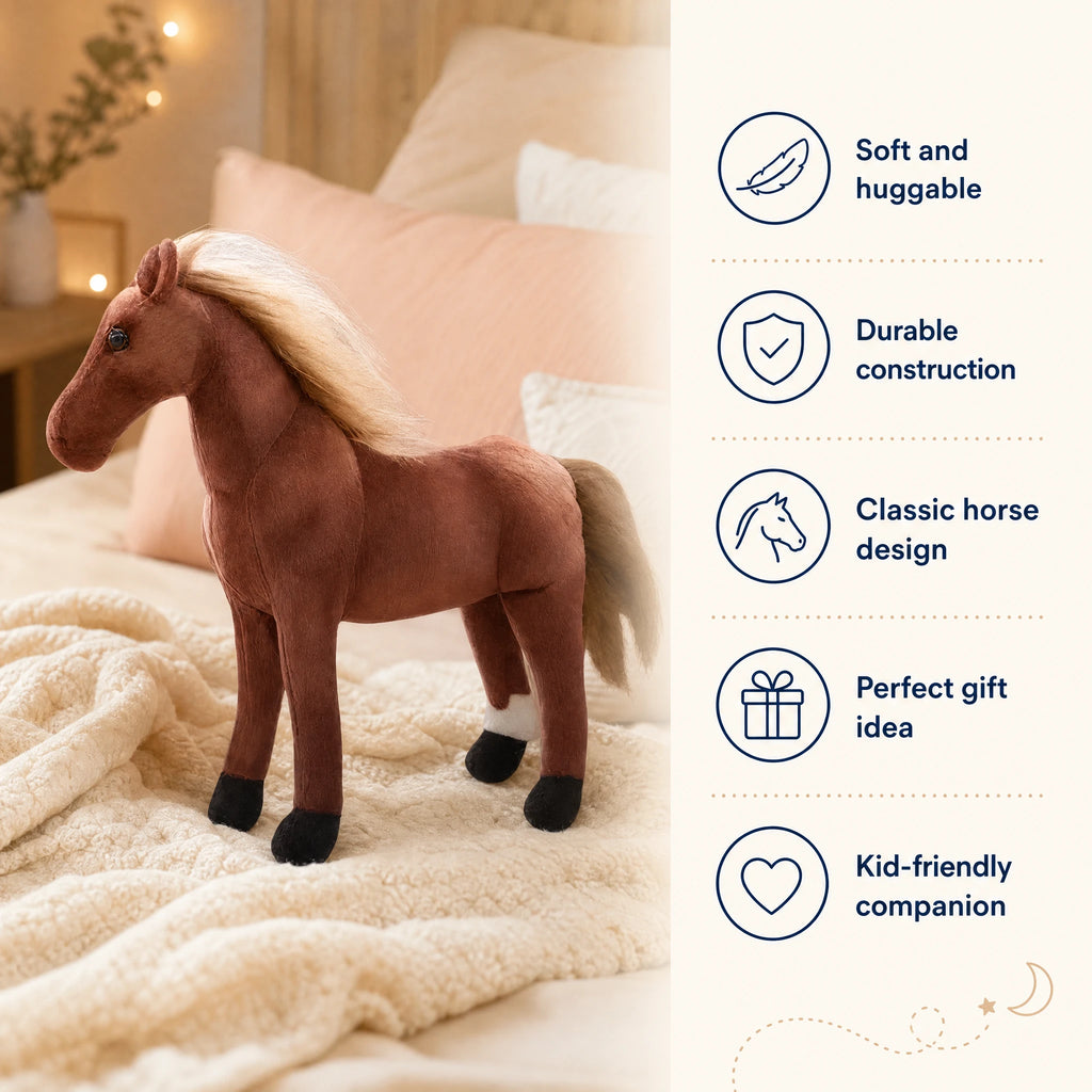 Horse Plush with Flowing Blonde Mane and Brown Coat - Bénéfices produit