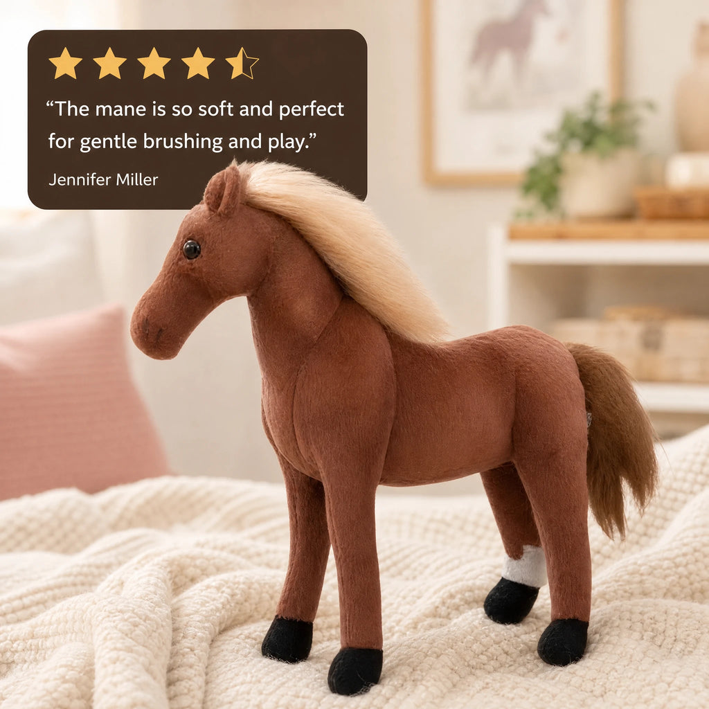 Horse Plush with Flowing Blonde Mane and Brown Coat - Image témoignage