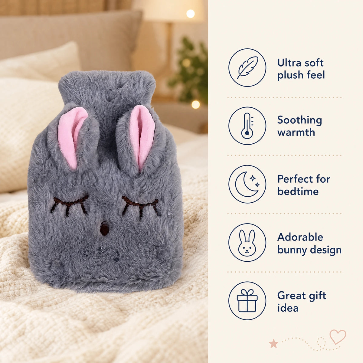 Hot Water Bottle Cover with Bunny Design and Plush Fabric - Bénéfices produit
