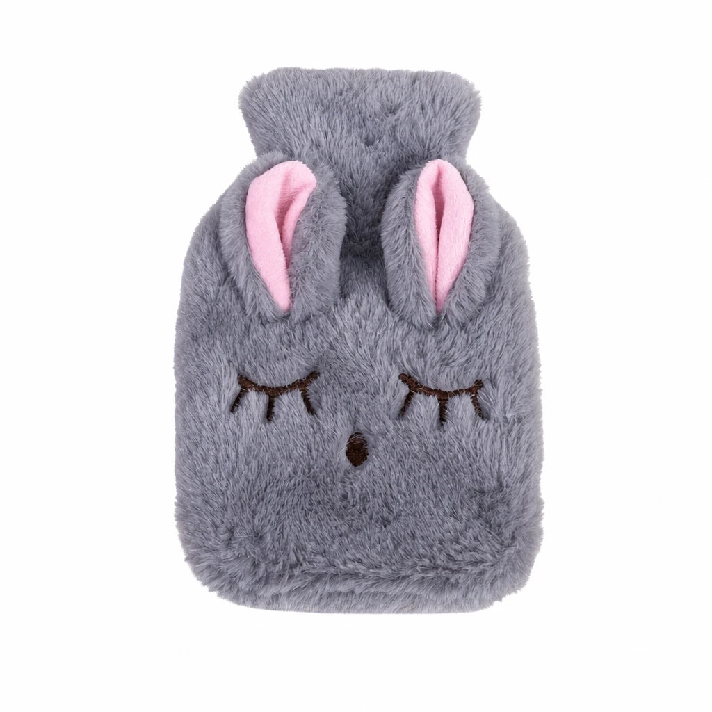 Hot Water Bottle Cover with Bunny Design and Plush Fabric - Gray