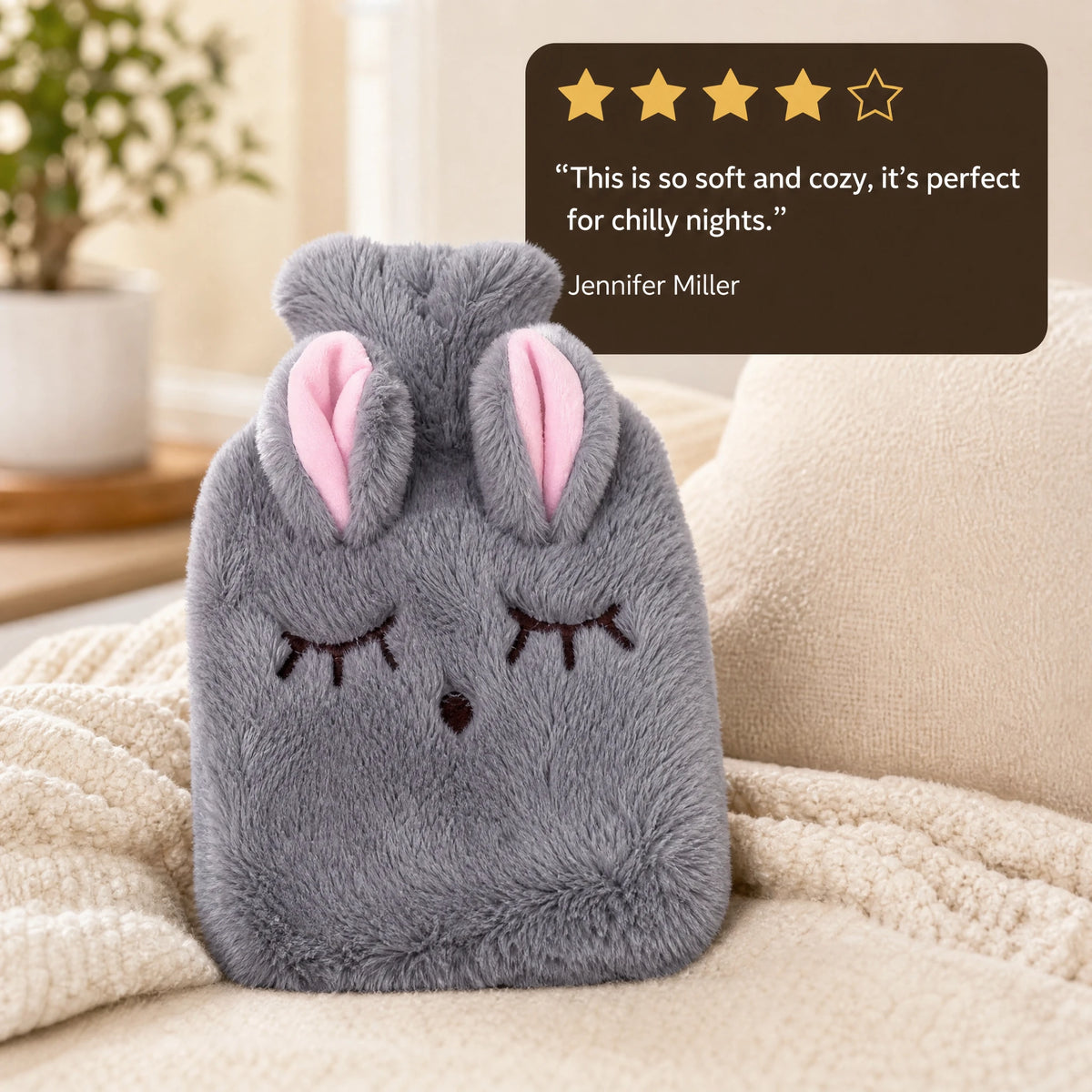 Hot Water Bottle Cover with Bunny Design and Plush Fabric - Image témoignage