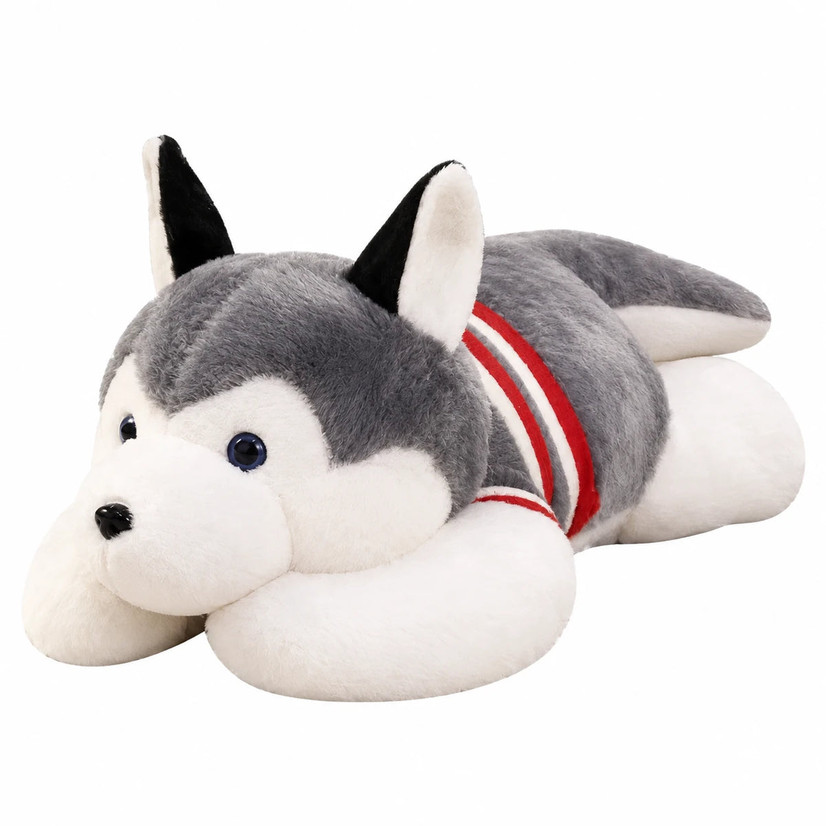 Husky Plush Toy in Lying Position with Striped Sweater - 19.5in / 50cm · 27.5in / 70cm · 39.5in / 100cm