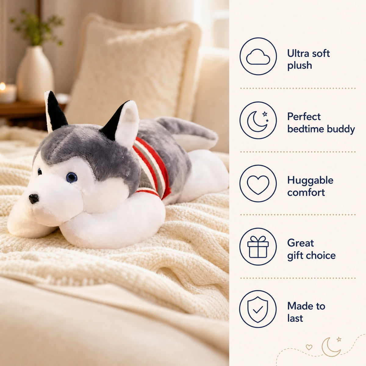 Husky Plush Toy in Lying Position with Striped Sweater - Bénéfices produit