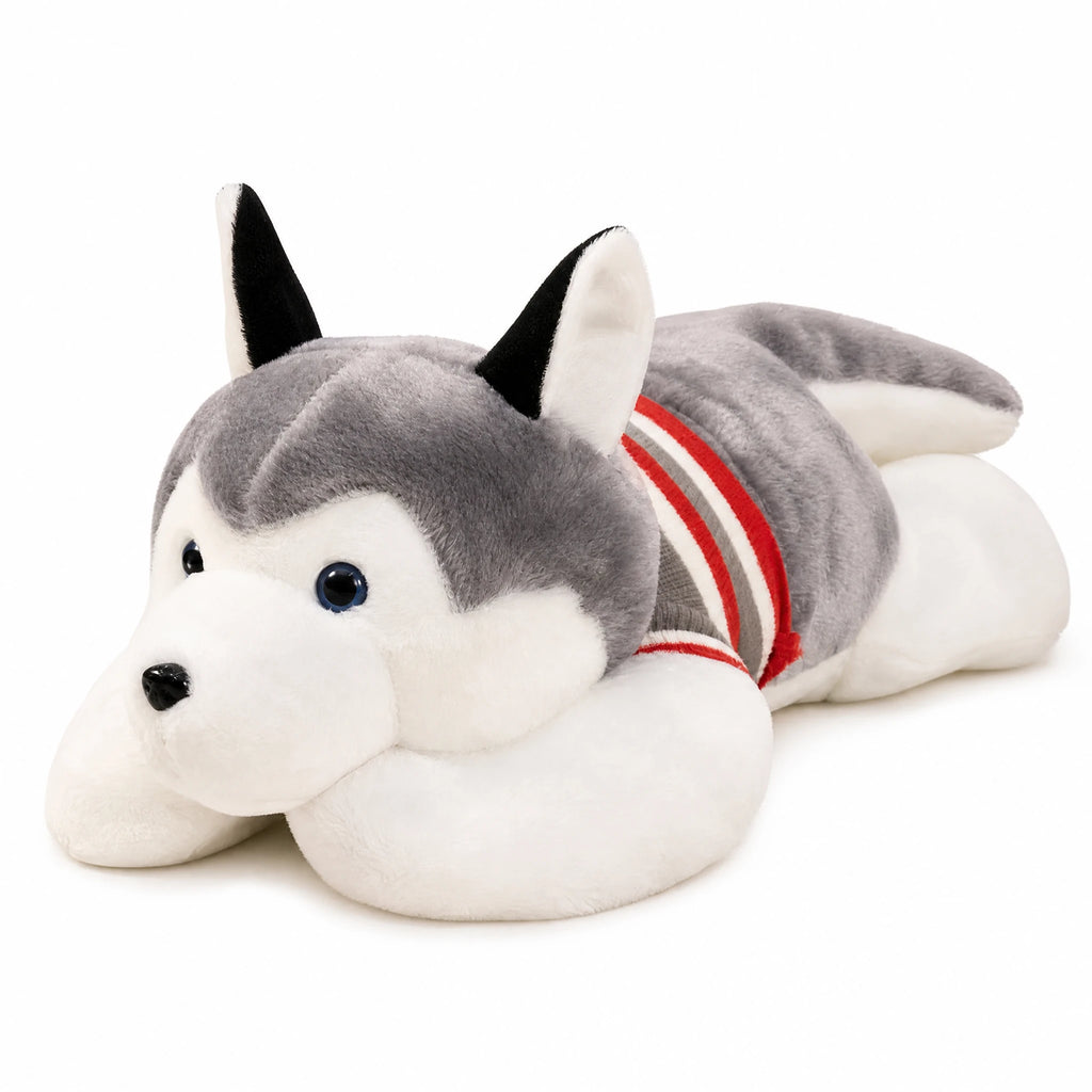 Husky Plush Toy in Lying Position with Striped Sweater - Fond blanc
