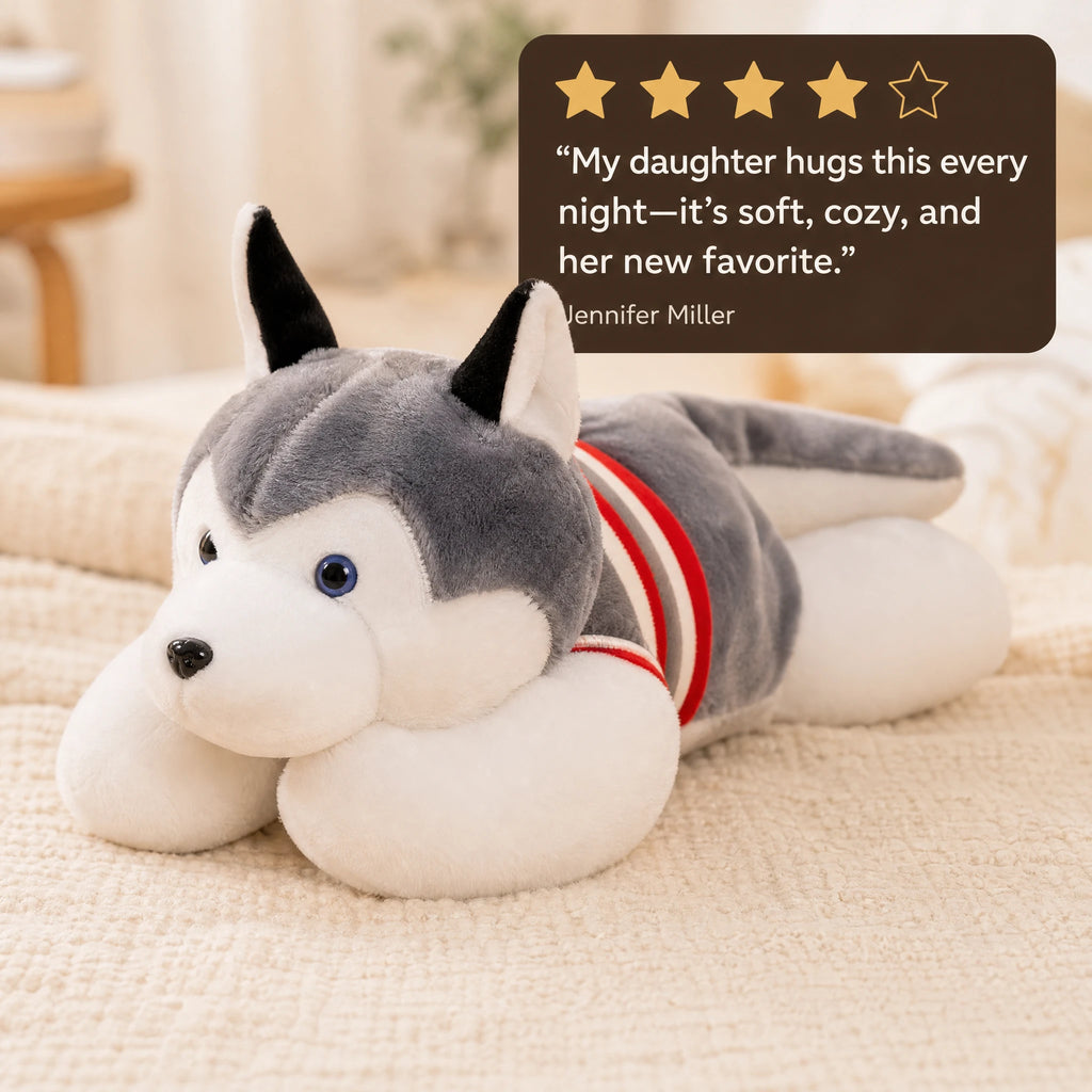 Husky Plush Toy in Lying Position with Striped Sweater - Image témoignage