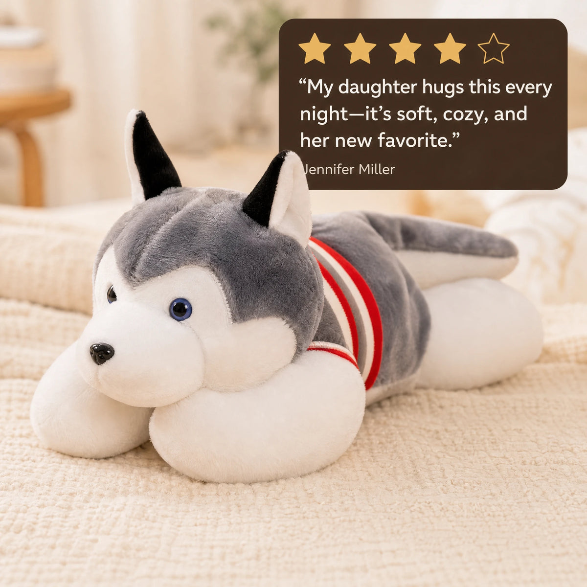 Husky Plush Toy in Lying Position with Striped Sweater - Image témoignage