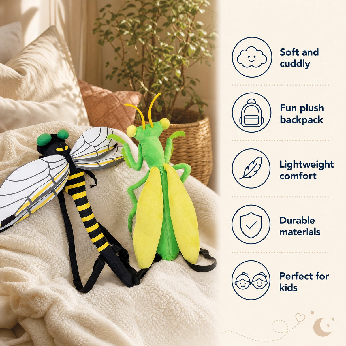 Insect Plush Backpack - Dragonfly or Mantis Design - Bénéfices produit