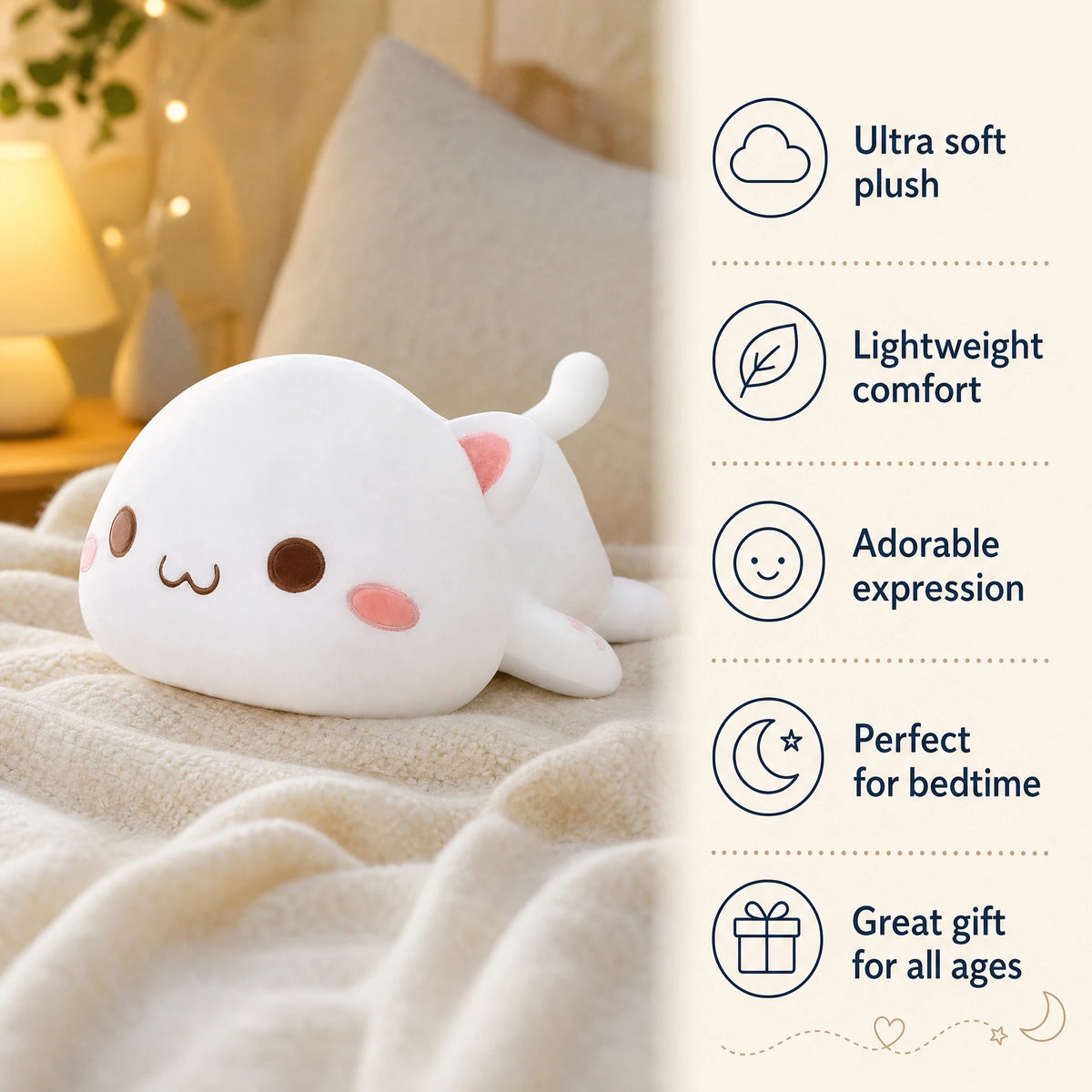 Kawaii Cat Plush White Lying Down with Adorable Face - Bénéfices produit