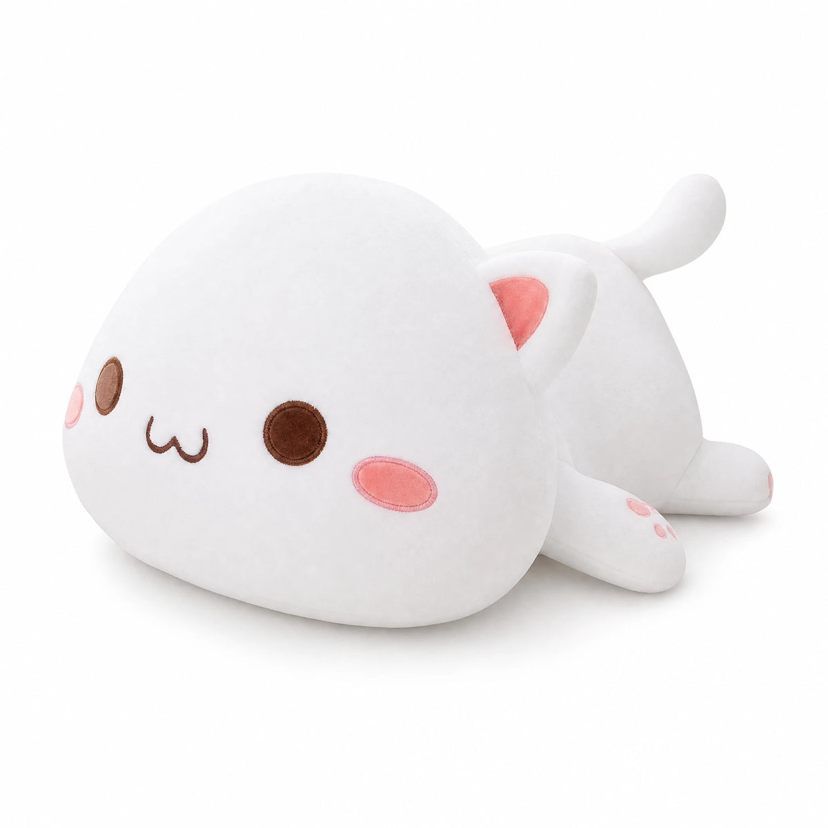 Kawaii Cat Plush White Lying Down with Adorable Face - Fond blanc, autre angle