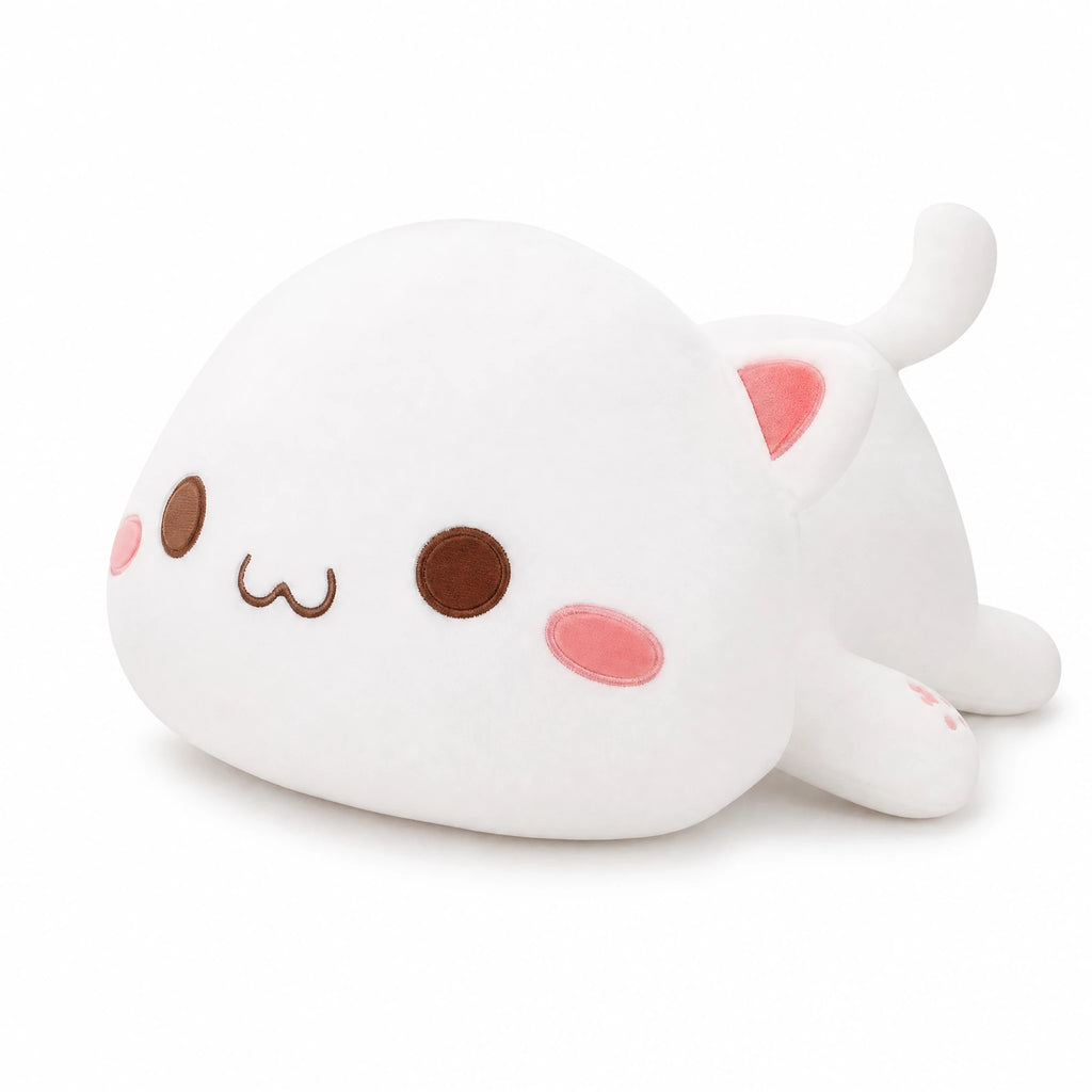 Kawaii Cat Plush White Lying Down with Adorable Face - Fond blanc