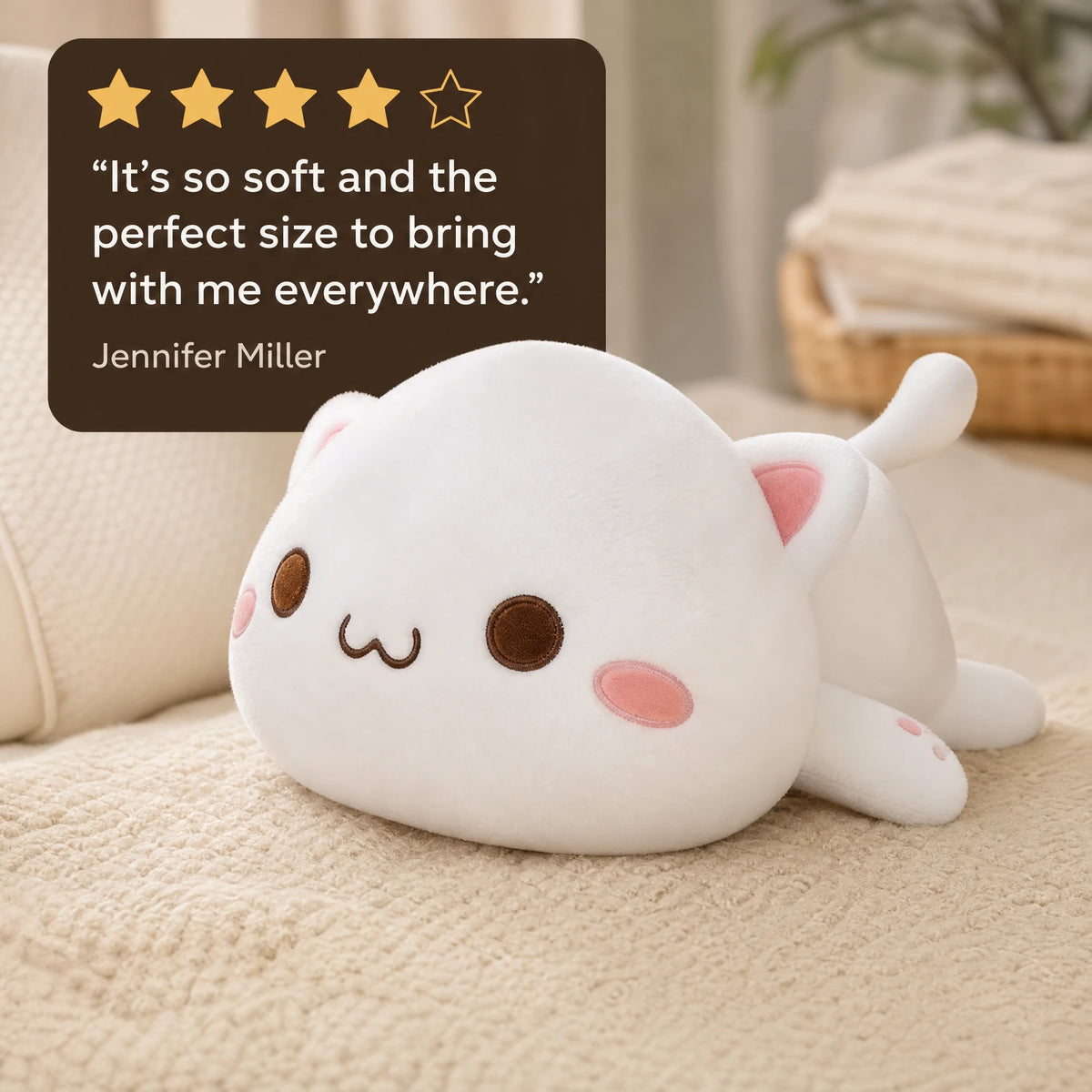 Kawaii Cat Plush White Lying Down with Adorable Face - Image témoignage