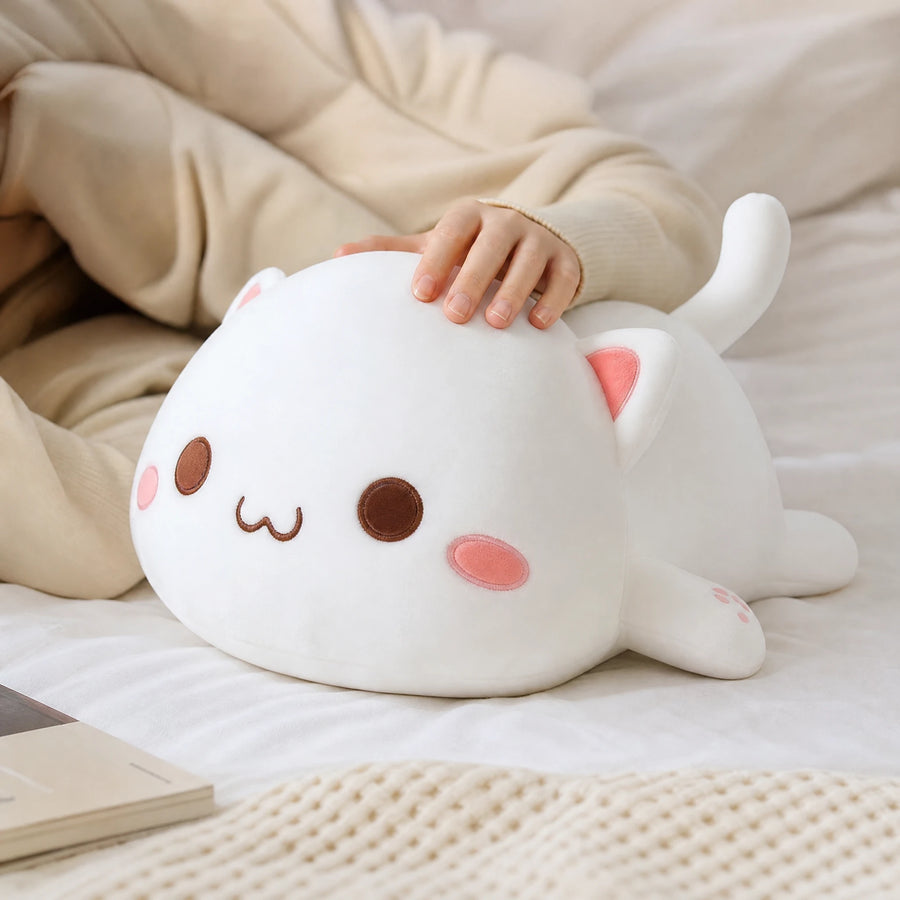 Kawaii Cat Plush White Lying Down with Adorable Face - Utilisation du produit