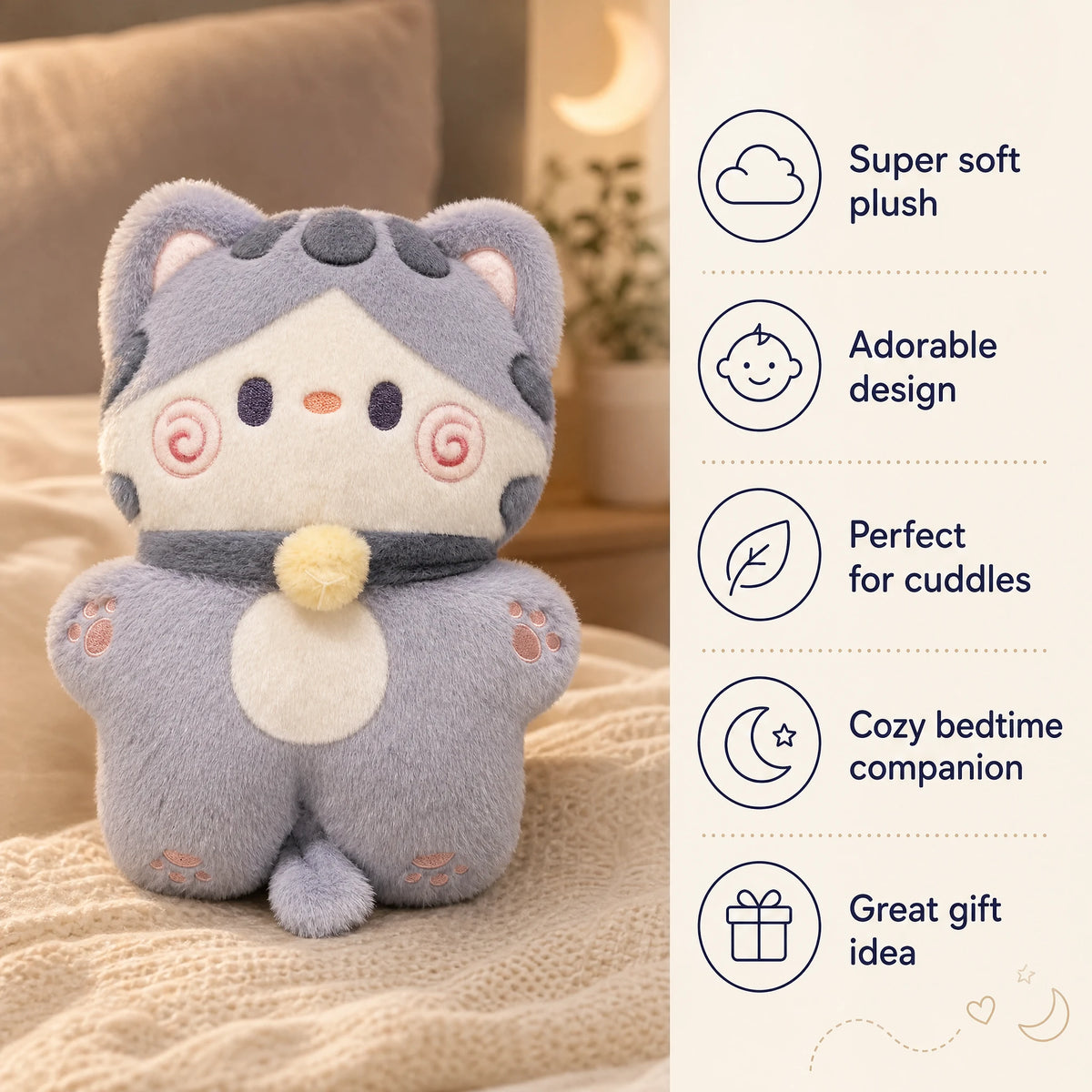 Kawaii Cat Plush with Bell Collar - Fluffy Pastel Design - Bénéfices produit