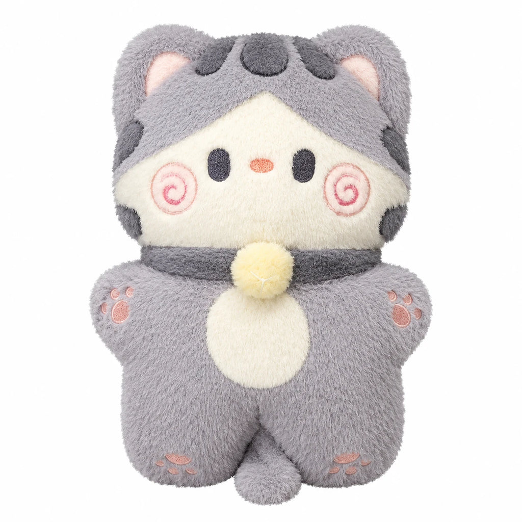 Kawaii Cat Plush with Bell Collar - Fluffy Pastel Design - Gray