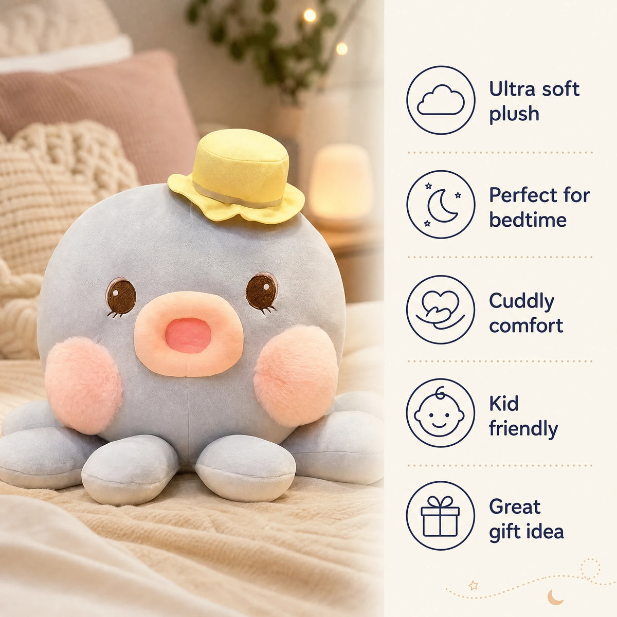 Kawaii Octopus Plush with Hat and Soft Tentacles - Bénéfices produit