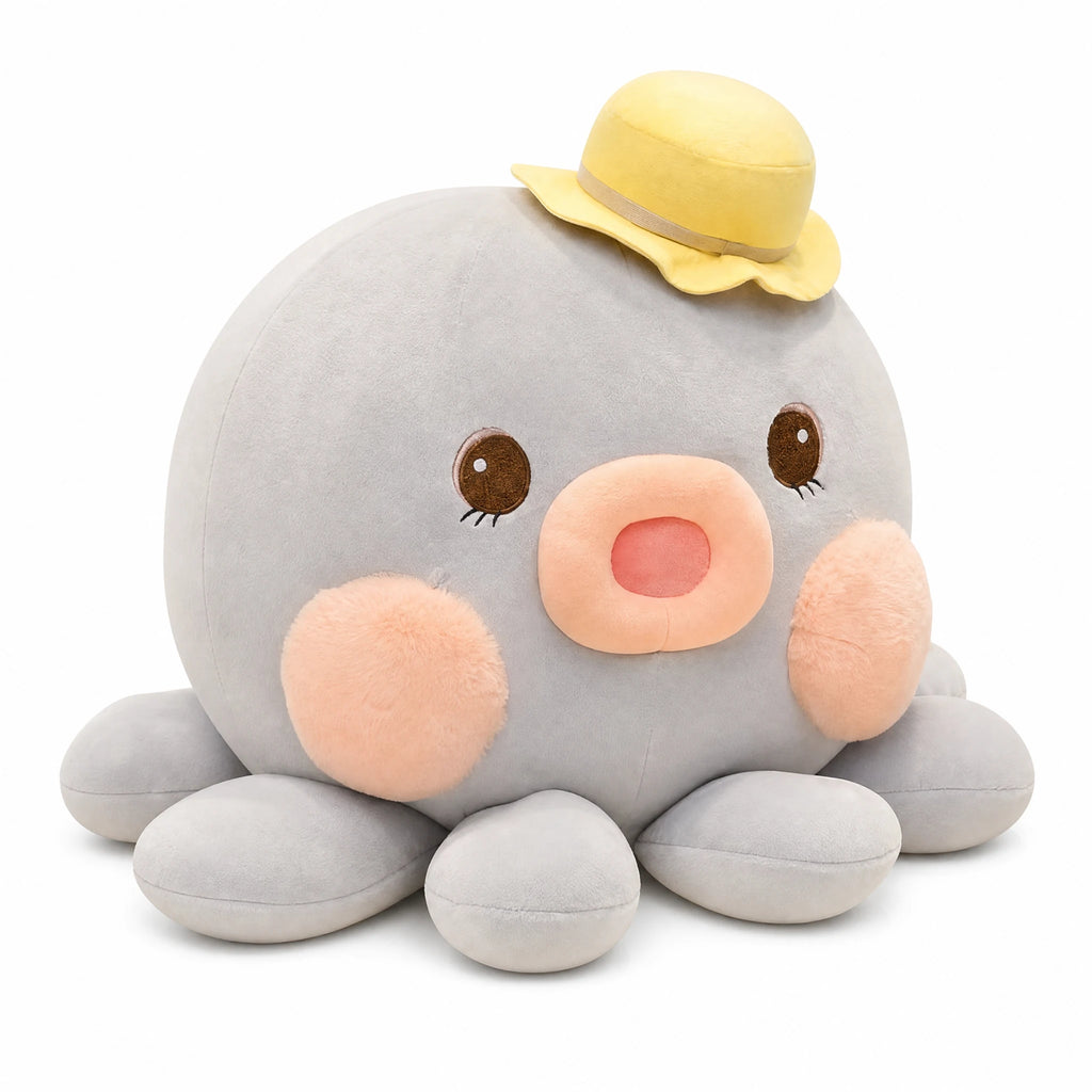 Kawaii Octopus Plush with Hat and Soft Tentacles - Fond blanc, autre angle