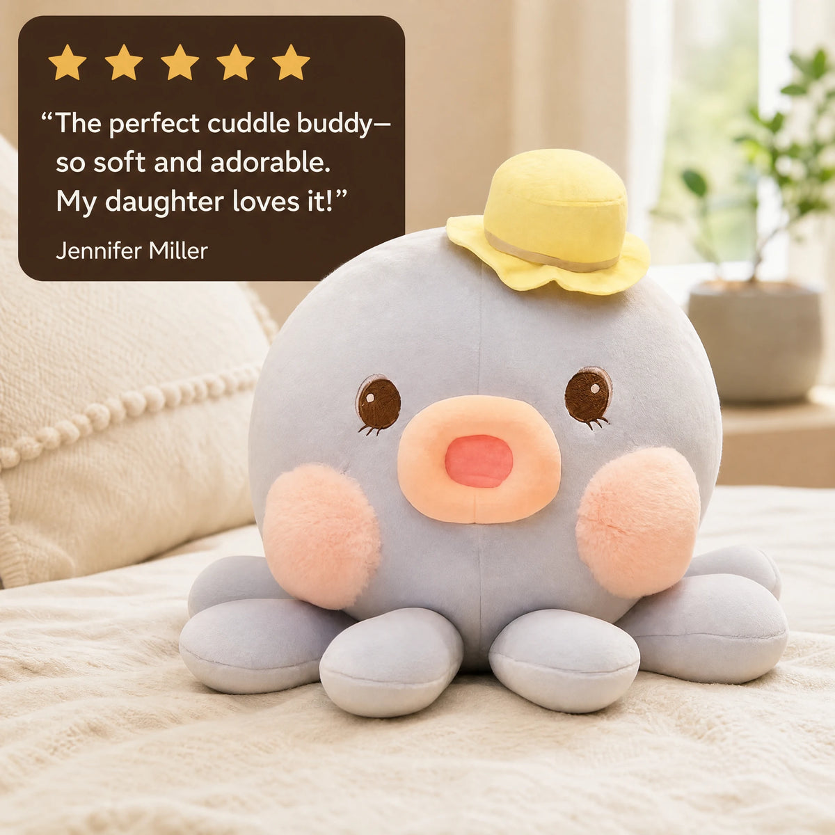 Kawaii Octopus Plush with Hat and Soft Tentacles - Image témoignage