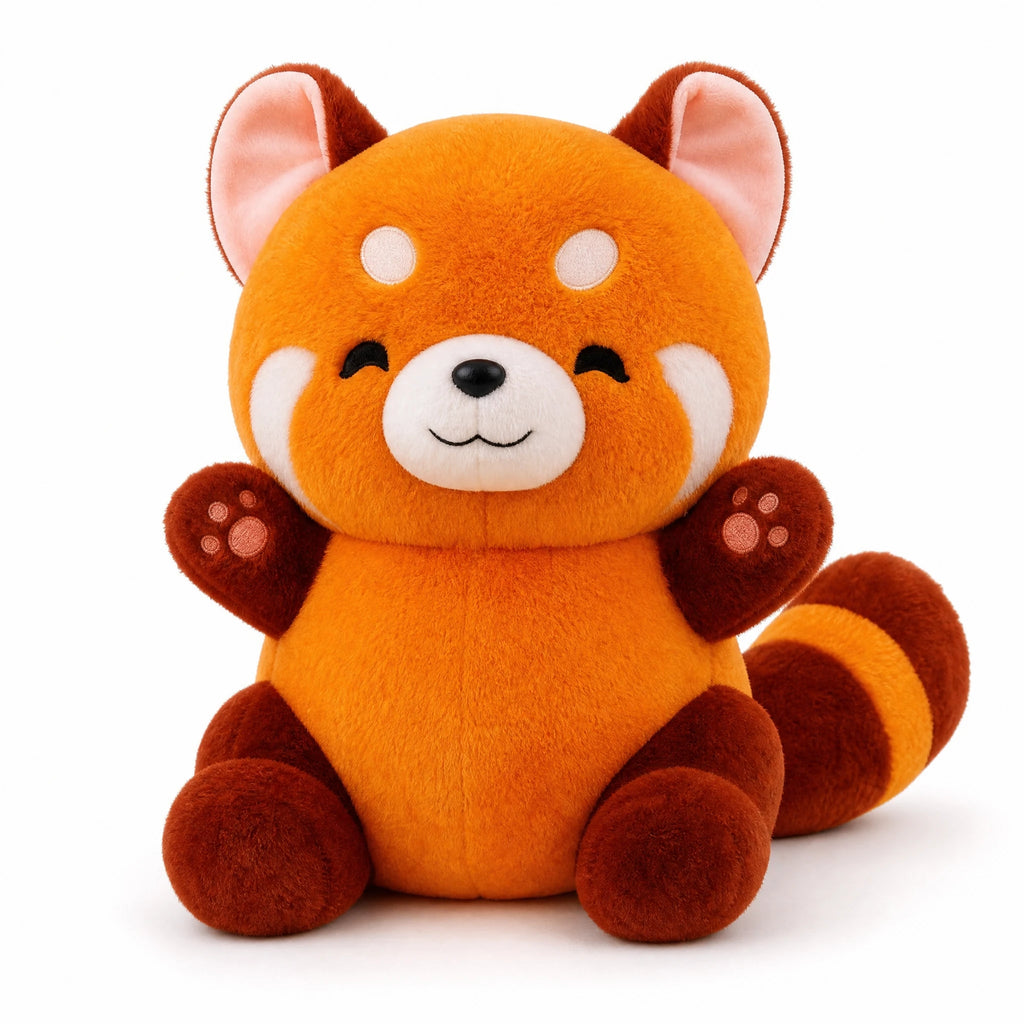 Kawaii Red Panda Plush with Fluffy Tail and Smile - Fond blanc