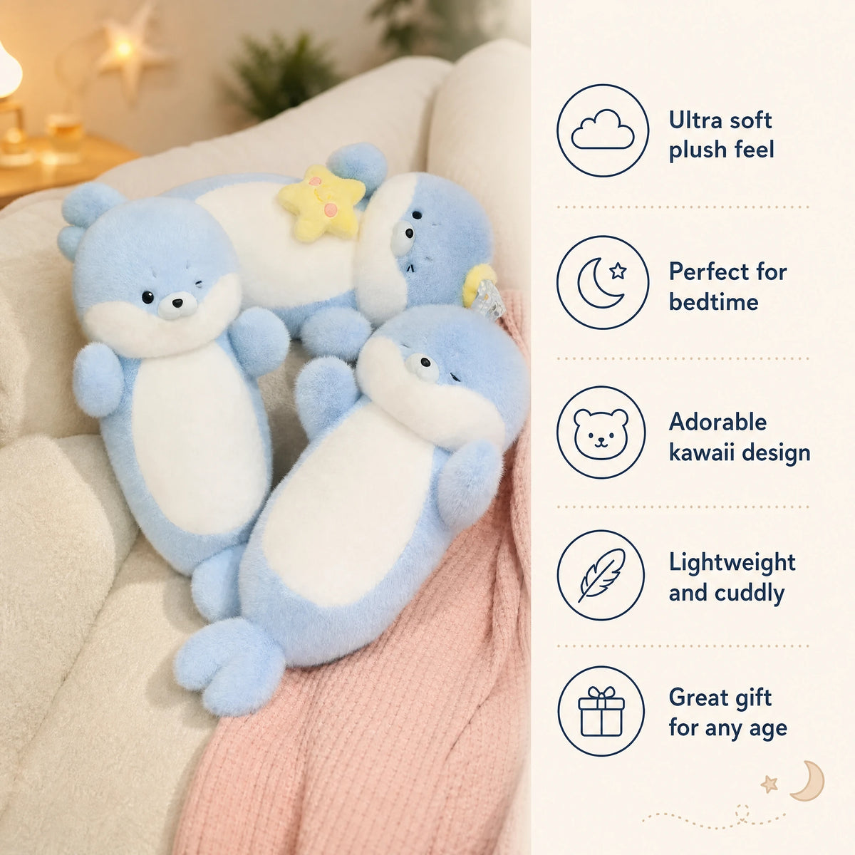 Kawaii Seal Plush - Chubby Blue Character Soft Toy - Bénéfices produit