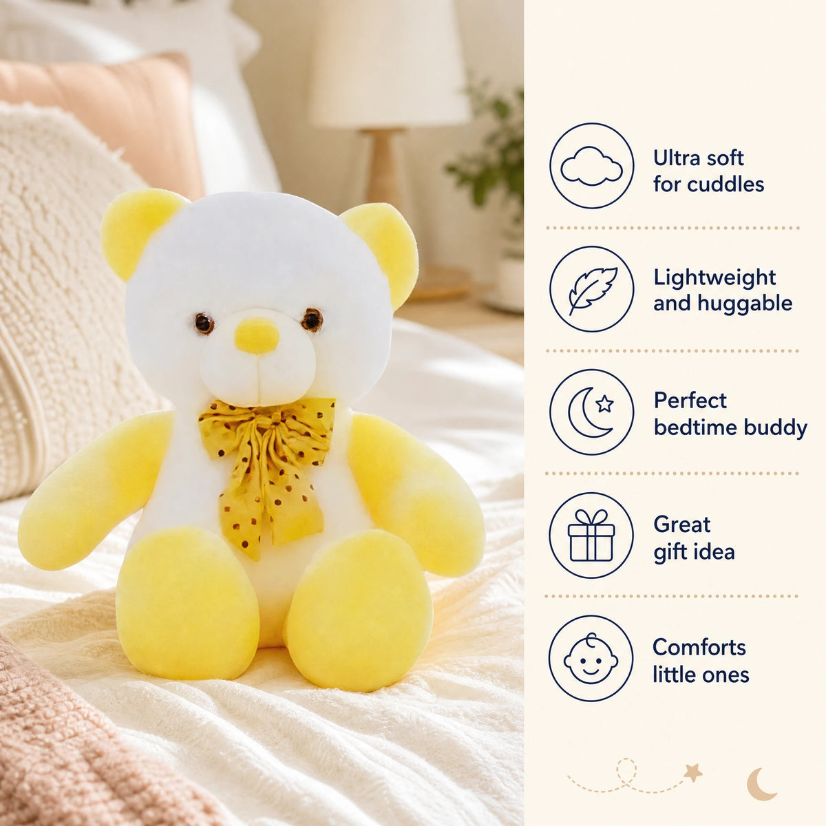 Kawaii Teddy Bear with Polka Dot Bow in Yellow - Bénéfices produit