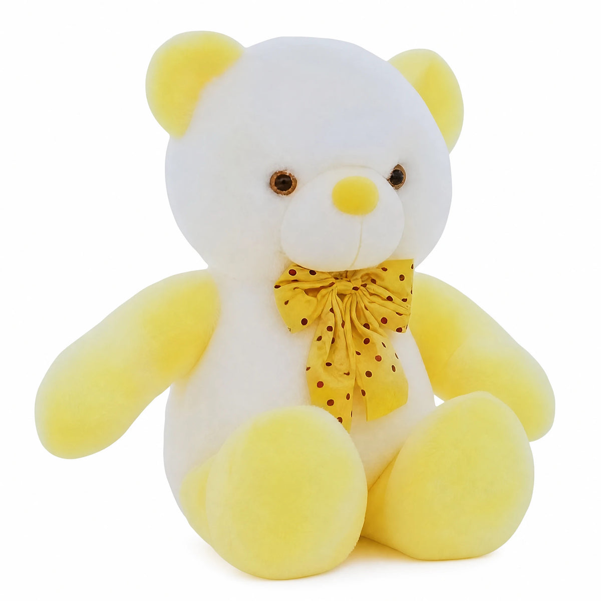 Kawaii Teddy Bear with Polka Dot Bow in Yellow - Fond blanc, autre angle