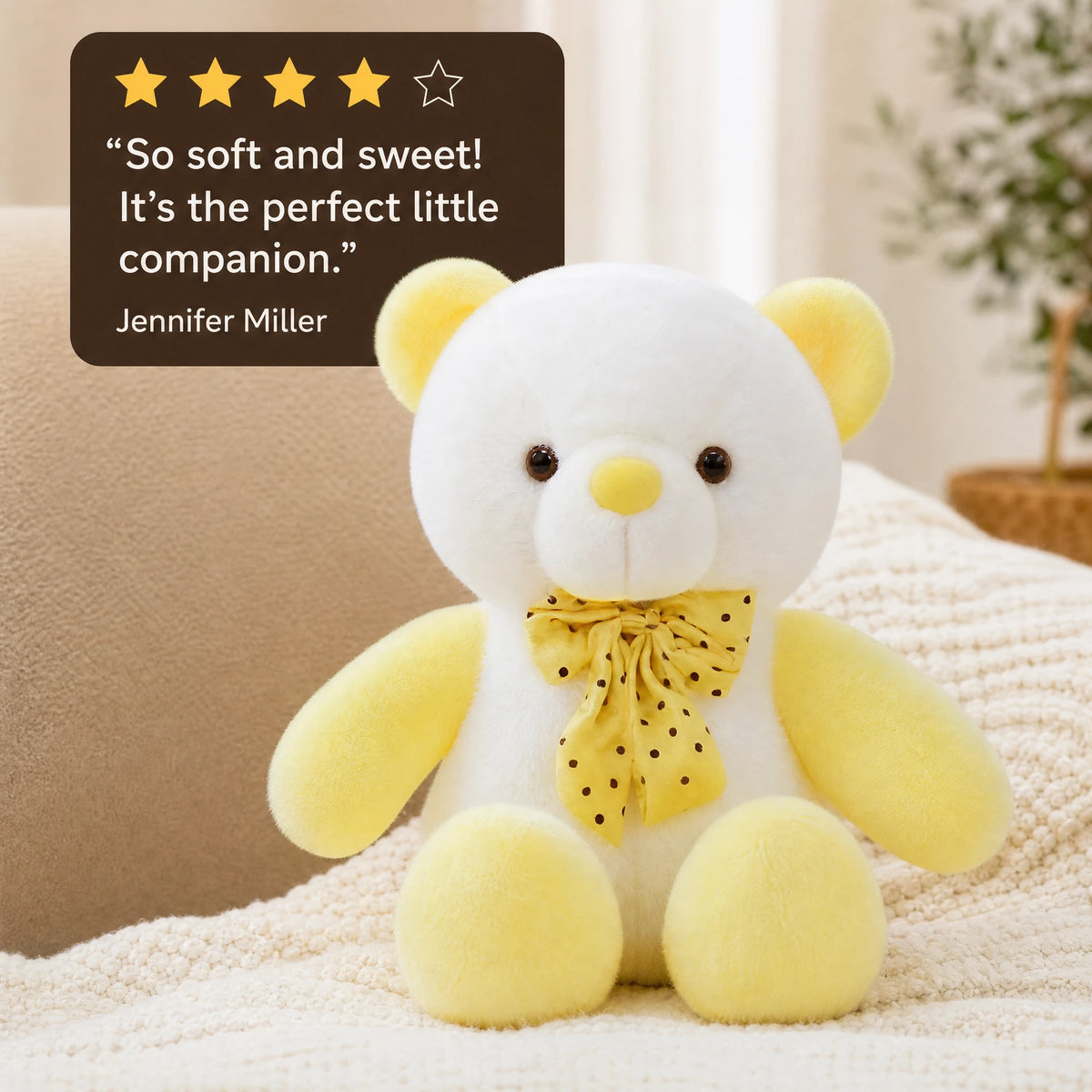 Kawaii Teddy Bear with Polka Dot Bow in Yellow - Image témoignage