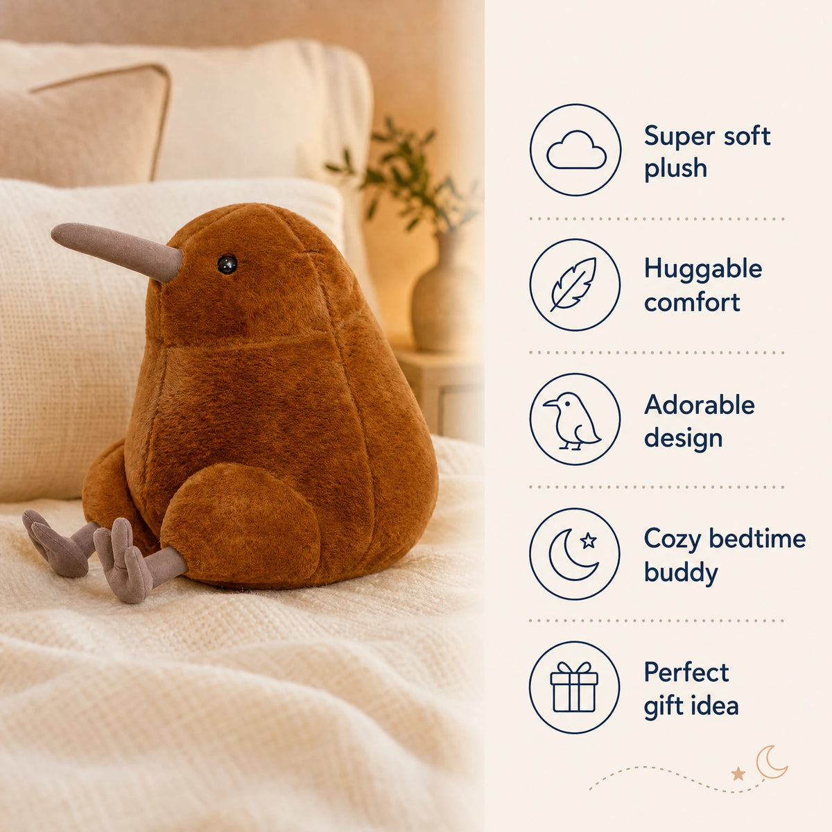 Kiwi Bird Plush with Soft Brown Fur and Grey Details - Bénéfices produit