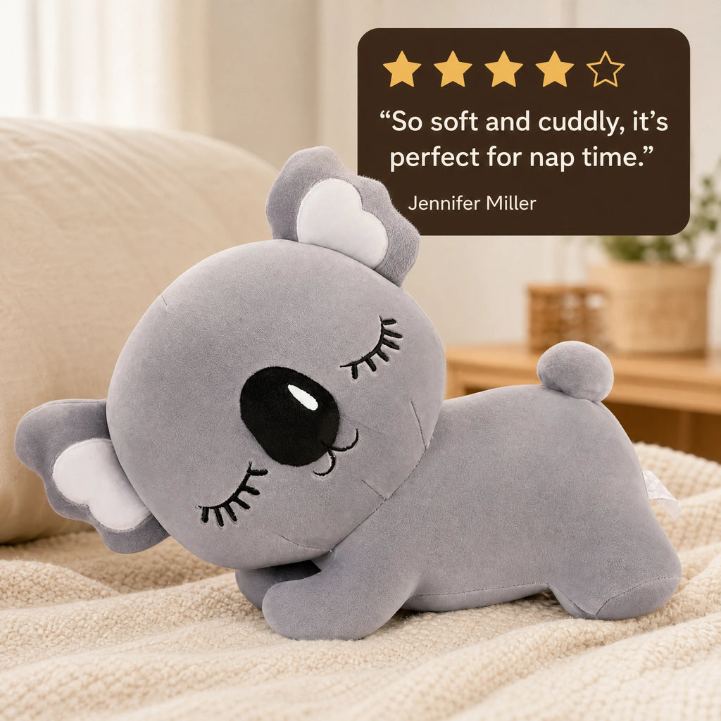 Koala Plush Pillow with Embroidered Face in Gray - Image témoignage