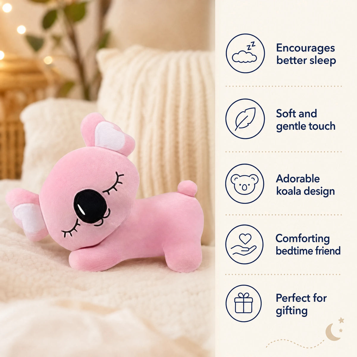 Koala Plush Pillow with Pink Lying Down Design - Bénéfices produit