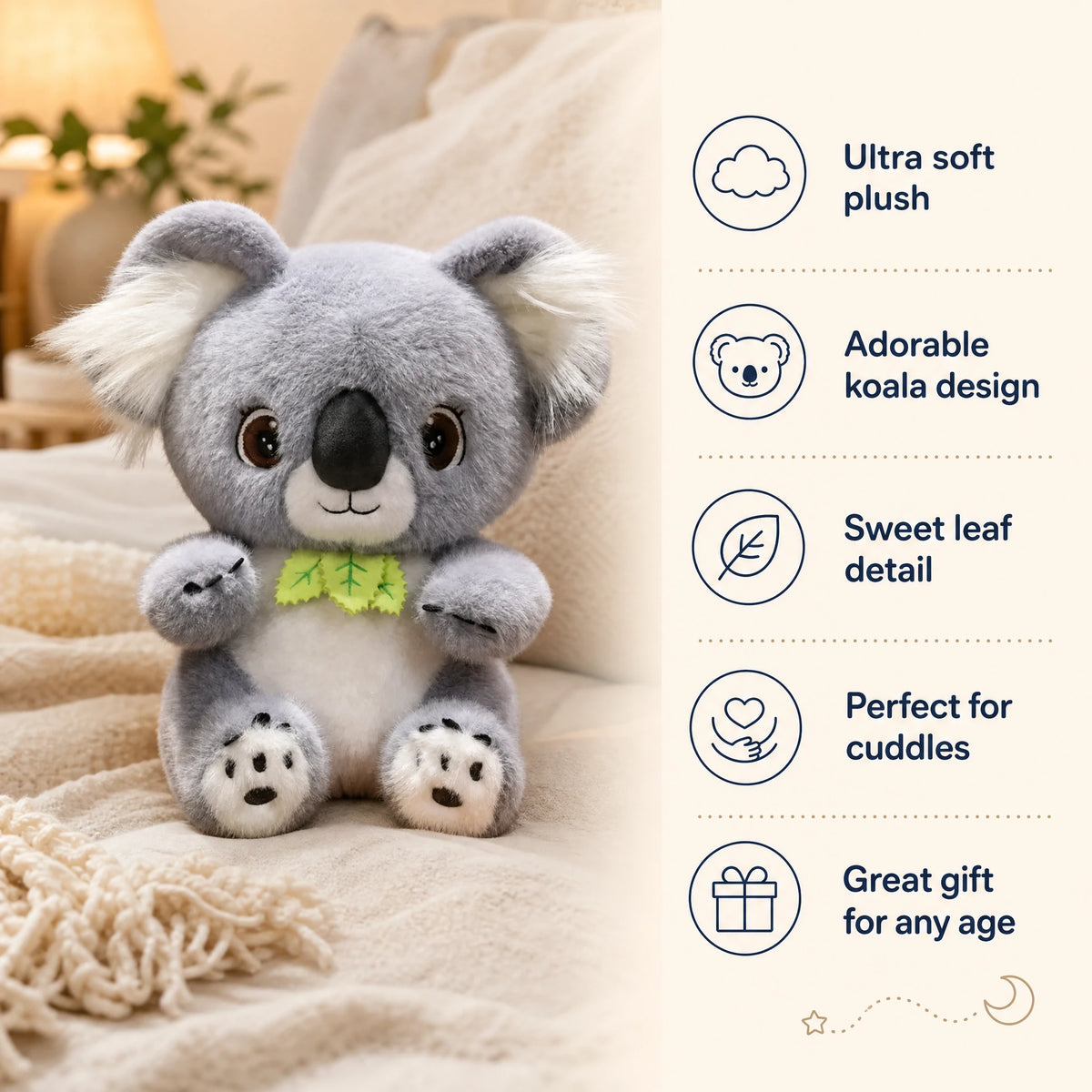 Koala Plush with Gray Fur and Eucalyptus Leaf Collar - Bénéfices produit